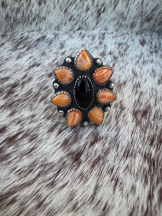 #127 Oyster Shell & Black Onyx Flower Ring - Adjustable Size 6.5 +